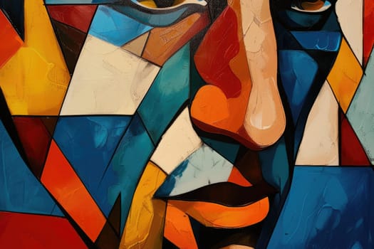 An abstract portrait of middle aged people with wrinkle on face in cubism art. Close up fashionable old man with vibrant color and artistic creative geometric shape. Focus on face concept. AIG42.
