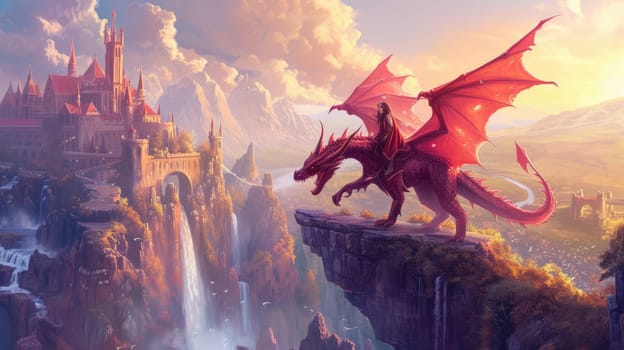 Bravery hero child in knight uniform sitting and riding at dragon over waterfall and castle. Boy with dragon flying and exploring while wandering at magical world. Adventure fairytale concept. AIG42.