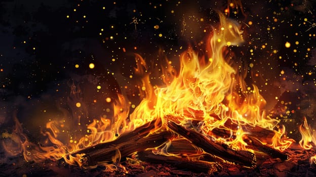 A close-up of lively flames and embers from a summer bonfire. AIG50