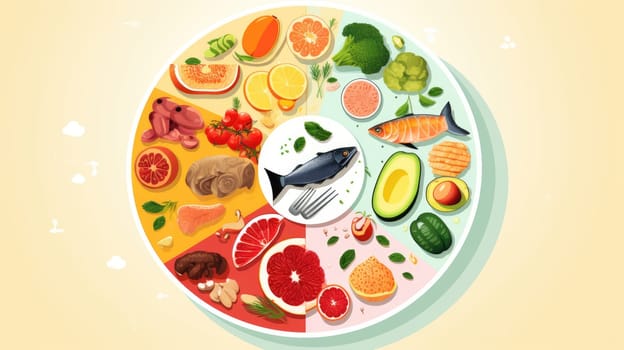 Balanced nutrition plate cartoon illustration - AI generated. Plate, fish, vegetable, fruit, citrus.