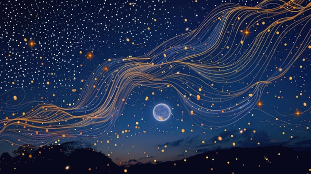 A computergenerated image of a vibrant electric blue and orange wave floating in space, creating a mesmerizing pattern against the darkness of the universe AIG50