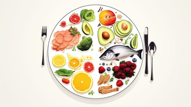 Balanced nutrition plate cartoon illustration - AI generated. Plate, fish, vegetable, fruit, citrus.