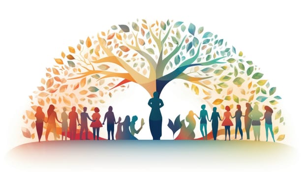 Community wellness people watercolor illustration - AI generated. Tree, branches, people, community.