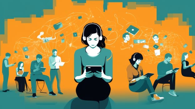 Digital detox watercolor illustration - AI generated. People, headphones, tablet, orange, blue.