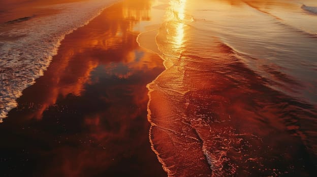 A stunning aerial view captures the azure water crashing onto the sandy beach at sunset, creating a mesmerizing natural landscape with the colorful sky and atmospheric phenomenon AIG50