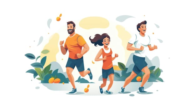 Family fitness watercolor illustration - AI generated. Man, boy, girl, running.