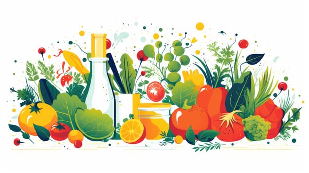 Healthy cooking watercolor illustration - AI generated. Vegetable, greens, knife, bowl.