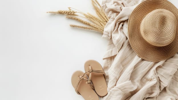 A stylish hat and scarf lay beside a pair of flip flops and a palm leaf on a wooden bed. The circle shape of the hat adds a fashionable touch to the peachcolored room AIG50