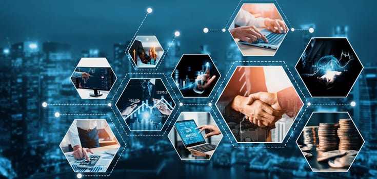 Futuristic business digital financial data technology concept for future big data analytic and business intelligence research for businessman analyst invest decisions making panoramic banner kudos