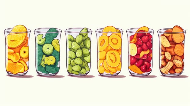 Healthy snacking cartoon illustration - AI generated. Glass, dried, fruits, berries.