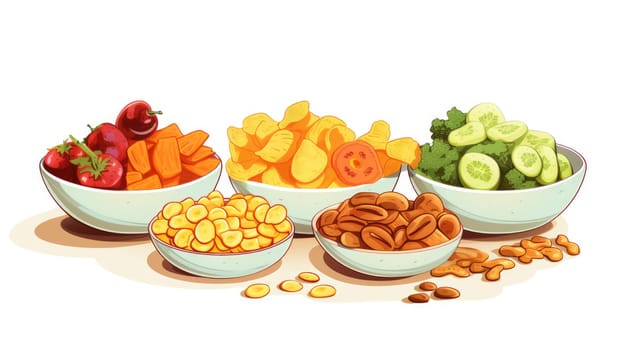 Healthy snacking cartoon illustration - AI generated. Glass, dried, fruits, berries.