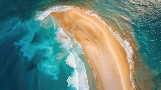 A breathtaking aerial view of a sandy island surrounded by crystal clear Caribbean water. The natural landscape includes a beautiful beach and fluid wind waves AIG50