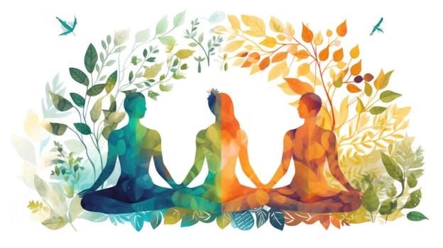 Holistic mind cartoon illustration - AI generated. Yoga, lotus, pose, people, plant.