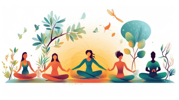 Holistic mind cartoon illustration - AI generated. Yoga, lotus, pose, people, plant.
