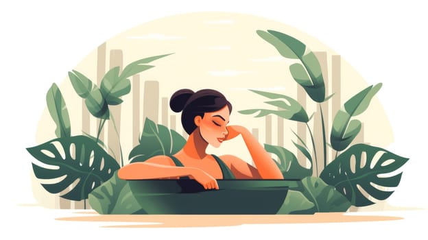Holistic spa retreat cartoon illustration - AI generated. Swimming, pool, spa, woman, nature.