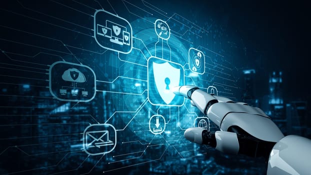 MLP 3D rendering artificial intelligence AI research of robot and cyborg development for future of people living. Digital data mining and machine learning technology design for computer brain.