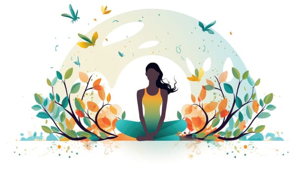 Holistic wellness retreat cartoon illustration - AI generated. Woman, yoga, lotus, pose, plant.