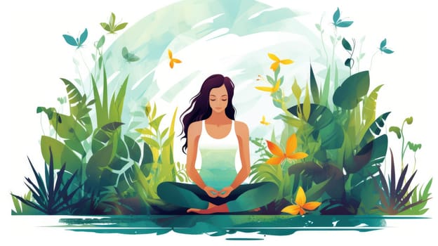 Holistic wellness retreat cartoon illustration - AI generated. Woman, yoga, lotus, pose, plant.