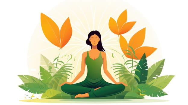 Holistic wellness cartoon illustration - AI generated. Woman, yoga, lotus, pose, plant.