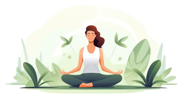 Meditation oasis cartoon illustration - AI generated. Woman, yoga, lotus, plants.