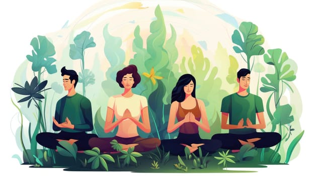 Meditation oasis cartoon illustration - AI generated. Woman, yoga, lotus, plants.