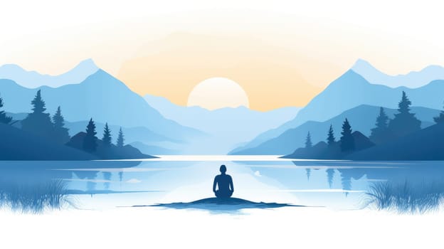 Mindful breathing cartoon illustration - AI generated. Man, yoga, sunset, lake, tree.