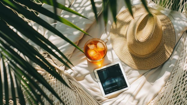 A hammock made from terrestrial plant fibers, under a tree on the beach, with a straw hat, a book, a cell phone, and a glass of orange juice AIG50