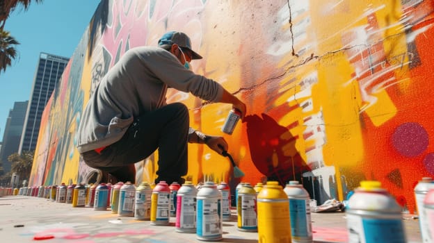 A man leisurely creates art on a wall with spray paint, using vibrant electric blue and magenta to form a captivating pattern. AIG41