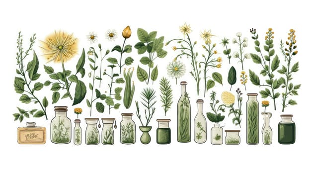 Natures pharmacy cartoon illustration - AI generated. Plants, bottle, flower, leaves.