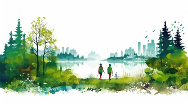 Outdoor wellness cartoon illustration - AI generated. People, walking, nature, tree, mountain.