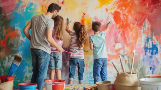 A happy family sharing a fun leisure event, sitting on the floor in front of a colorful wall, with smiles and laughter filling the room. AIG41