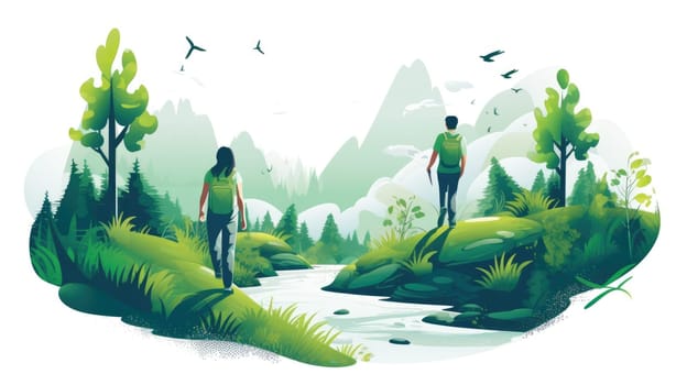 Outdoor wellness cartoon illustration - AI generated. People, walking, nature, tree, mountain.