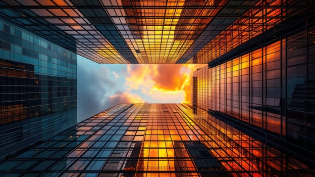 Urban skyline at dusk with striking architectural features. AIG41