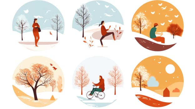 Seasonal wellness cartoon illustration - AI generated. People, nature, season, change.