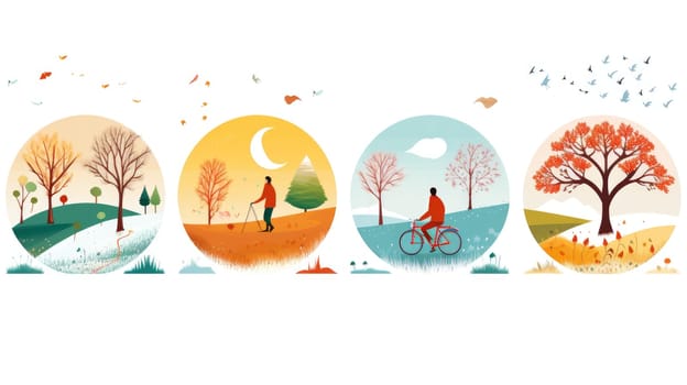 Seasonal wellness cartoon illustration - AI generated. People, nature, season, change.