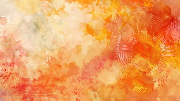 A closeup of a vibrant tie dye background with colorful circles resembling petals of an orange flower. The art paint creates a beautiful plant pattern AIG50