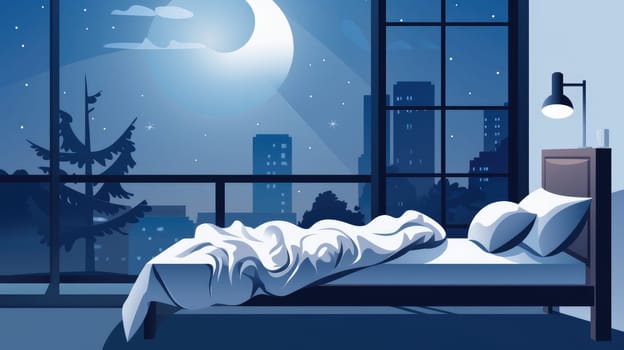 Sleep hygiene cartoon illustration - AI generated. Night, bed, pillow, moon, window.