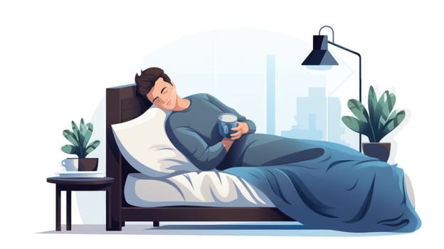 Sleep hygiene cartoon illustration - AI generated. Night, bed, pillow, moon, window.