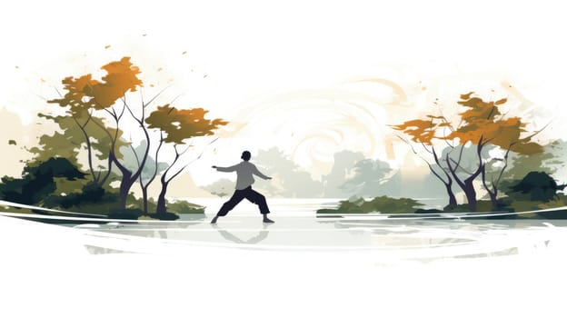 Tai Chi practice cartoon illustration - AI generated. Tai, chi, exercise, person, tree.