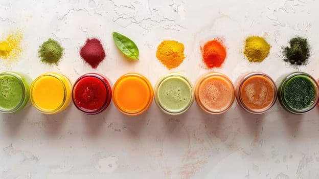 A row of glass jars filled with different colored liquids, such as magenta, on a table, featuring a stylish fashion accessory with plant petal motifs AIG50