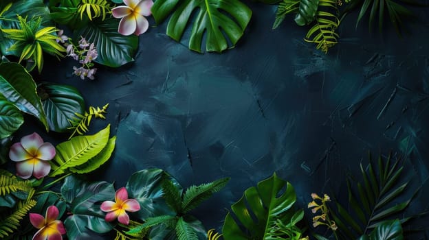 An artistic arrangement of tropical leaves and flowers on a deep blue background, showcasing the beauty of terrestrial plants and their vibrant colors AIG50