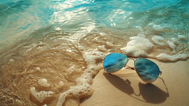 A pair of eyewear rests on a sandy beach by the ocean, surrounded by water and marine biology. The wind waves gently as beachgoers enjoy leisurely activities nearby AIG50