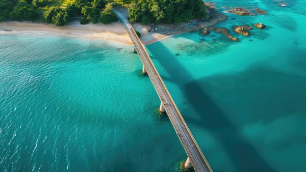 An aerial view of a tropical island showcasing a dock extending into the aqua water leading to a beautiful beach surrounded by lush green trees and natural landscape AIG50