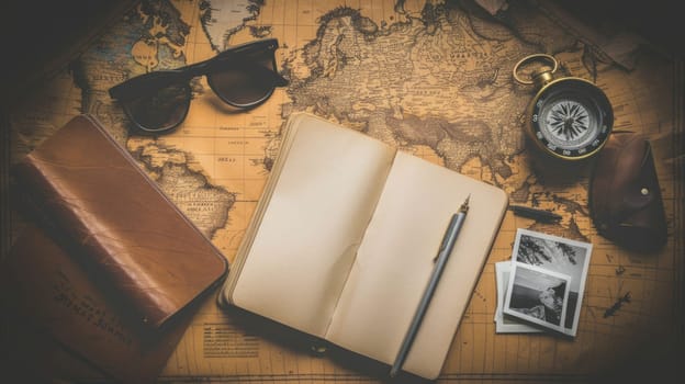 A green hat, aqua sunglasses, an electric blue compass, a watercolored notebook, and a map with an azure pattern on a circle design table AIG50