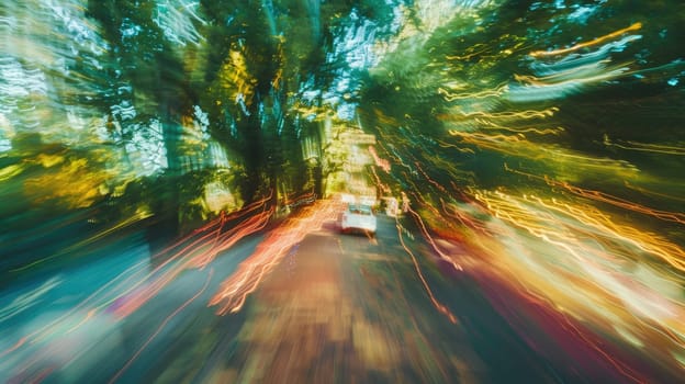 A vibrant magenta lens flare illuminates the electric blue automotive lighting on the car as it speeds down the highway at night, under a starry sky AIG50