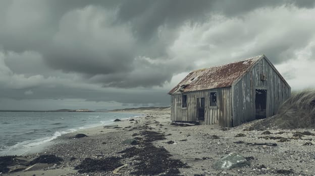 A small wooden house stands on a beach by the ocean under a cloudy sky, blending into the natural landscape with its rustic facade AIG50