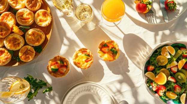 A wooden table beautifully set with a variety of dishes and drinks. The tableware showcases a diverse range of cuisine with fresh ingredients and garnishes AIG50
