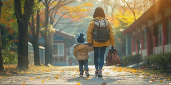 asian woman and her toddler walking to the kindergarten. ai generated