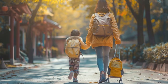 asian woman and her toddler walking to the kindergarten. ai generated