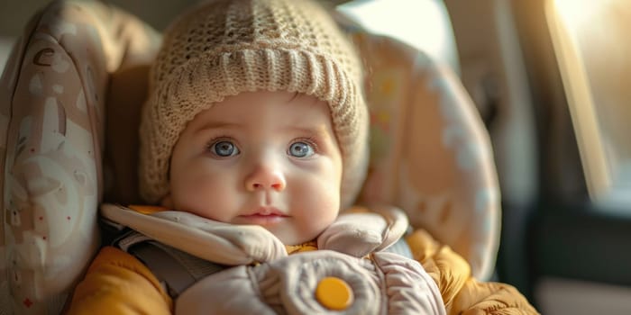 Little baby fastened with security belt in safety car seat. ai generated